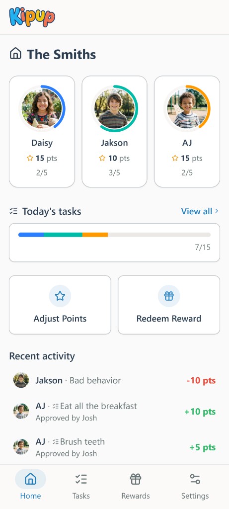 Kipup app — family dashboard showing children, tasks, and recent activity