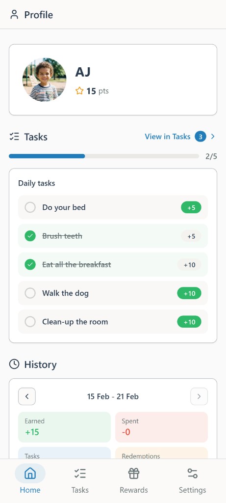 Kipup profile — child dashboard showing points, tasks progress, and weekly history