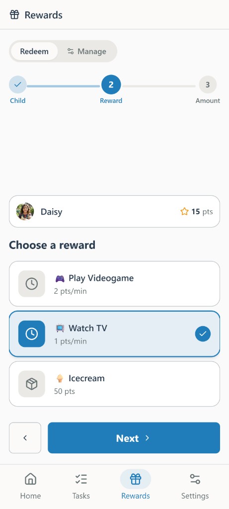 Kipup rewards — children choose and redeem rewards like video games and treats