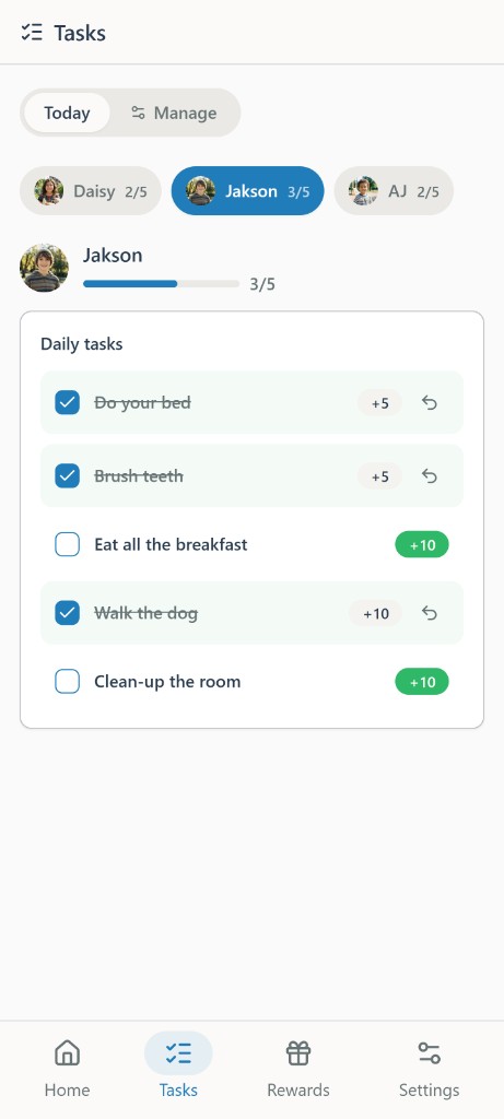 Kipup task management — daily tasks with checkboxes and point values per child